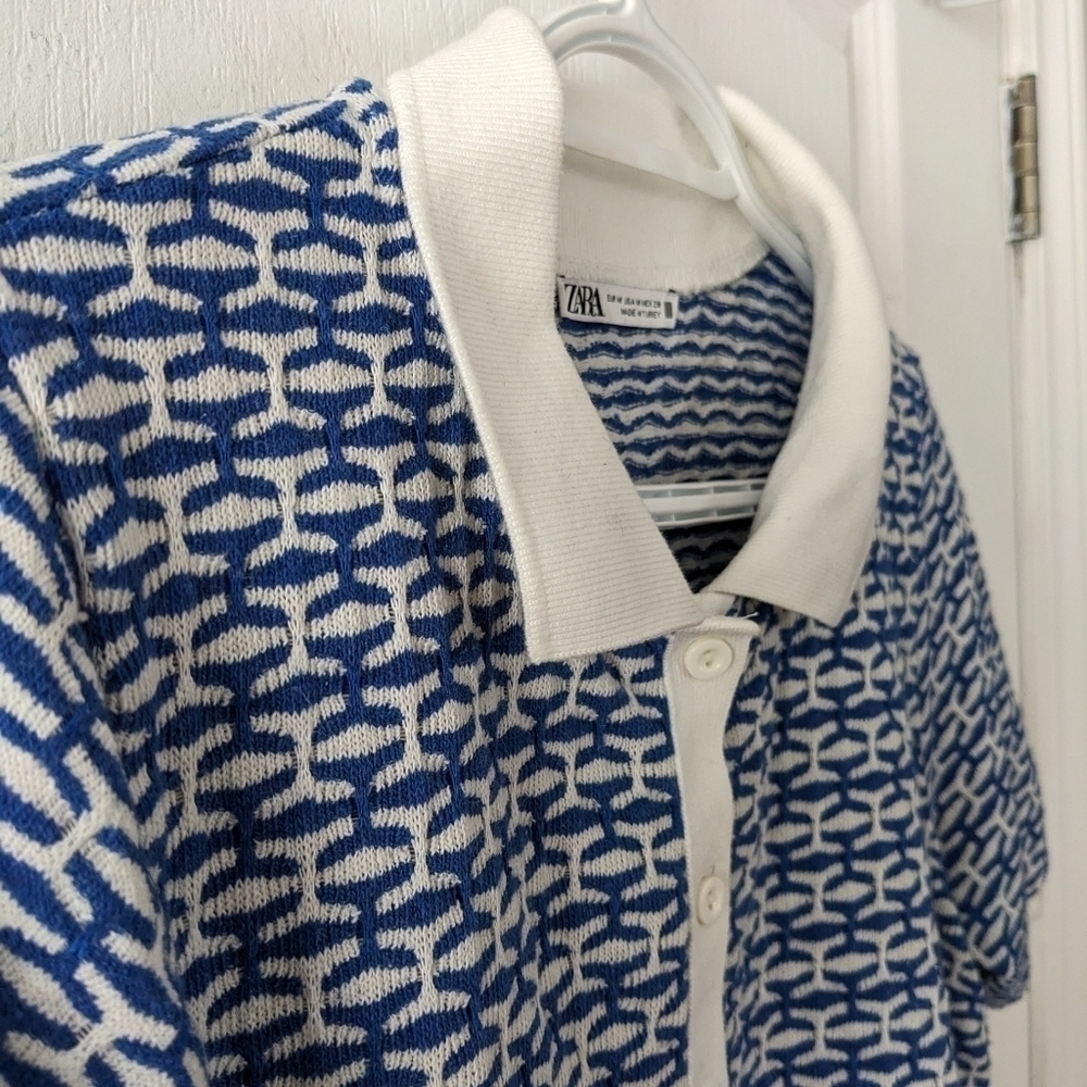 Zara geometric print knit polo blue white medium @E - Picture 9 of 11